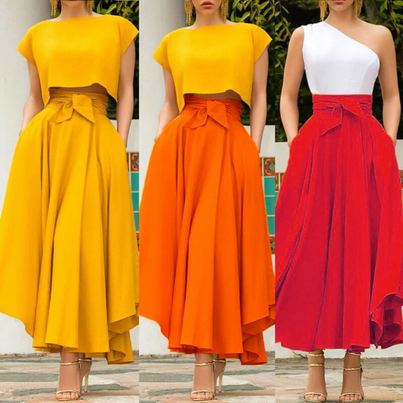 Womens High Waist Flared Pleated Long Skirt Sweet Bow Solid Color