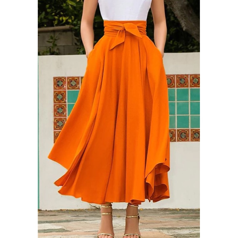 Womens High Waist Flared Pleated Long Skirt Sweet Bow Solid Color