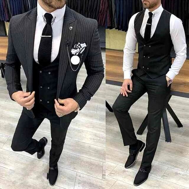 2023 Grey Striped Business Blazer Men Wedding Suit Latest Coat Pant Designs Slim Fit 3 Piece Tuxedo Groom Prom Suits Ter