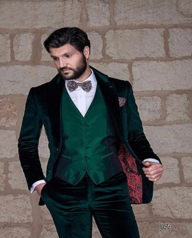 Dark Green Shawl Collar Velvet Men 