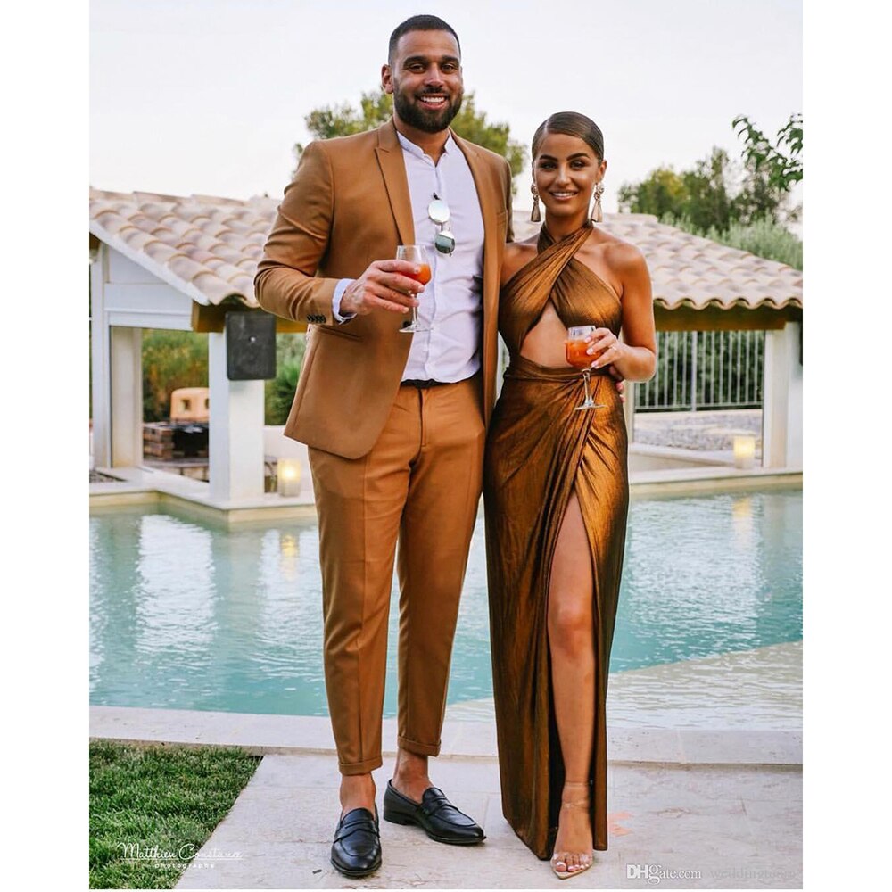 Arrival 2 Pcs Chic Gold Couple Outfit Men Suit Wedding Groom Tuxedos One  Button Formal Evening Prom Terno Masculino bla size L Color champagne