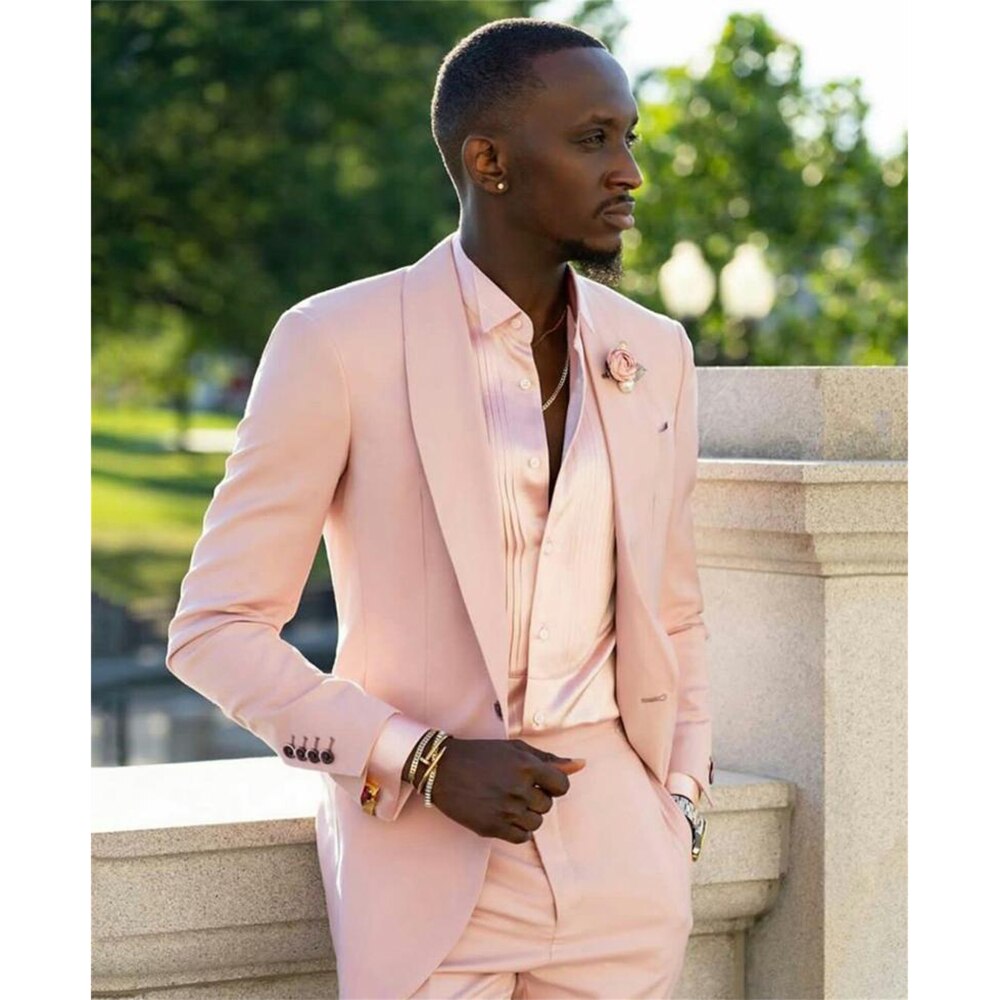 green emerald velvet dress Wedtrend Men's Light Pink Wedding Suits One Button Tuxedo Shawl Lapel 3 Piece Prom Suits, Light Pink / 42 main image 1