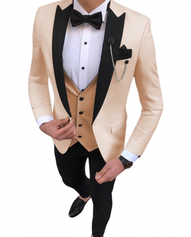 Beige Men Suit 3 Piece Slim Fit Casual Black Lapel Groom Tuxedos Men Suits  For Wedding jacketvestpants Costume Hom size 5xl Color Ivory