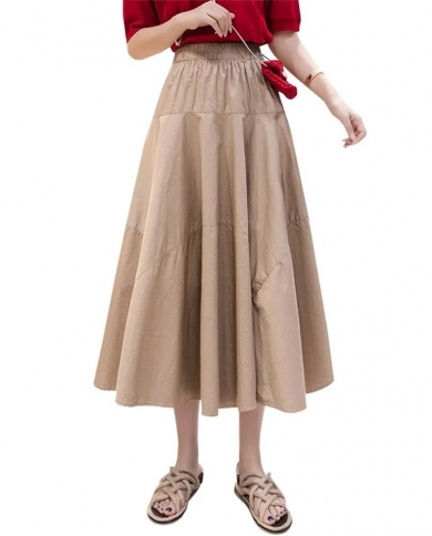 Vintage Solid Pleated Skirts Women Mid 