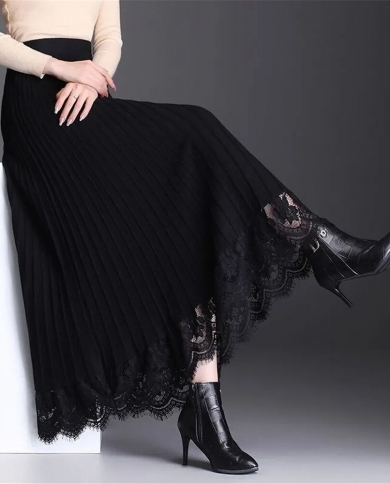 תחרה סוודר שחור חצאית קפלים חצאית משרד אלגנטי נשים חורף חצאית ארוכה חמה נשים סתיו סריג וינטג עבה