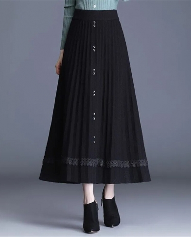 תחרה פאנל רקום סלסולים שחור סוודר חצאיות ארוכות משרד נשים אלגנטי כפתור סרוג חצאיות קפלים נשים שחור