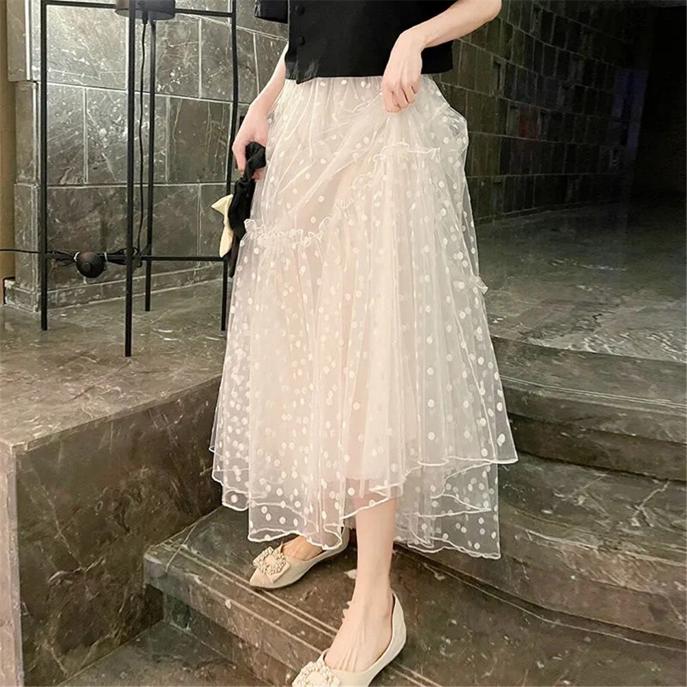 Vintage Elegant Princess Polka Dot Mesh Long Tutu Skirt Women