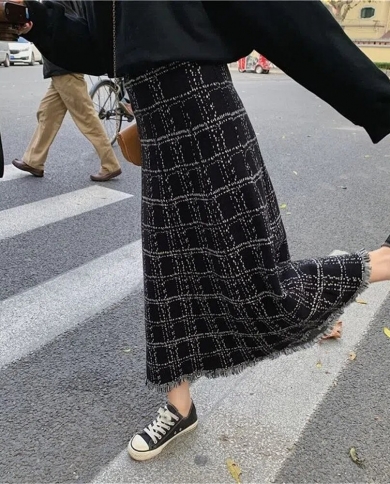 חורף וינטג משובץ ציצית טוויד חצאית ארוכה נשים  סתיו סוודר חצאיות סוודר אופנה נשים חצאית מותן גבוהה