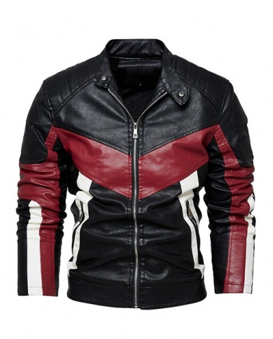Fleece Men Pu Leather Jacket Patchwork 