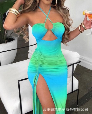 Hollow Halter Neck Tight Dress Women Summer New Fashion Party Dresses  Contrast Color Slim High Fork Club Dress Lad size L Color 1