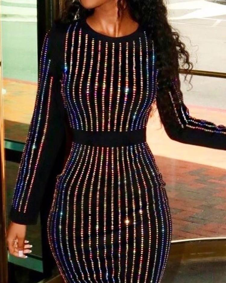 Sequin Party Dress Women Autumm Fashion Elegant Stripes Binding Long Sleeve  Round Neck Party Cocktail Sequins Dress D size XL Color 1