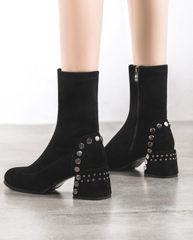 Women Comfy Low Heels Black Sock Boots 