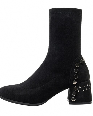 Women Comfy Low Heels Black Sock Boots 