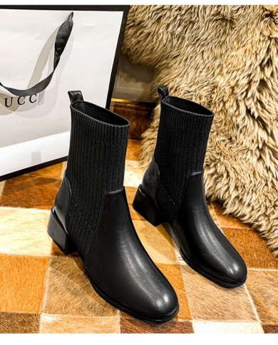 2023 Autumn Winter Women Boots Knit Elastic Socks Boots Square Toe