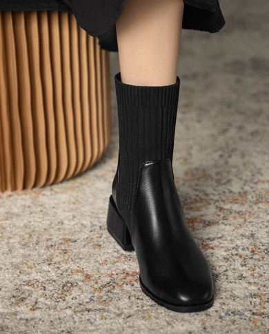 Women's High Heeled Pointed Toe Bare Boots, Mid-calf Knitted Socks, Elastic  And Slimming Ankle Boots