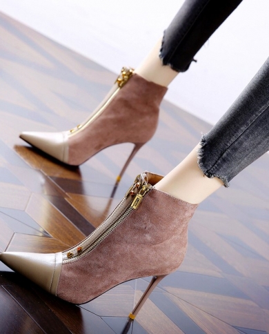 2023 Autumn New Black Thin High Heels Ankle Boots For Women Fashion Zipper  Ladies Shoes Comfortable