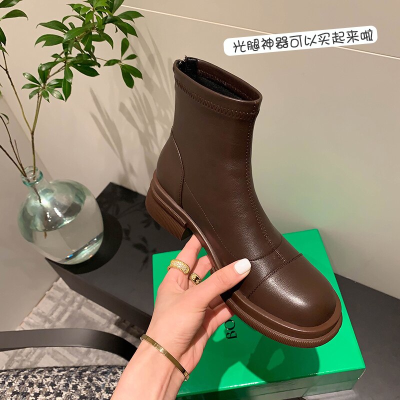 Autumn And Winter Women Ankle Boots Natural Leather 22 25cm Cowhidepu  Elastic Boots Side Zipper Modern Boot Ladies Shoe Shoe Size 40 Color  Brown-Winter