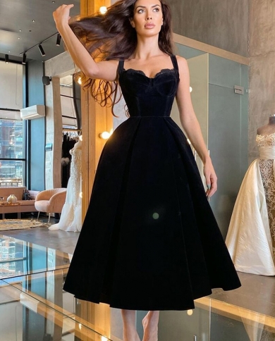 שמלות ערב שחורות  סטרפלס velet robes de soirée אלגנטי לנשים רצועת ספגטי מסיבת סלבריטאים מתוקה
