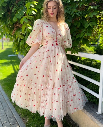 Tulle Dotted Evening Dresses A Line Party Dresses Short Puffy Sleeves Tea Length Robes De Soire Wedding Guest Party Go Color champagne US Size 14 Tulle Dotted Evening Dresses A Line Party Dresses Short Puffy Sleeves Tea Length Robes De Soire Wedding Guest Party Go Color champagne US Size 14