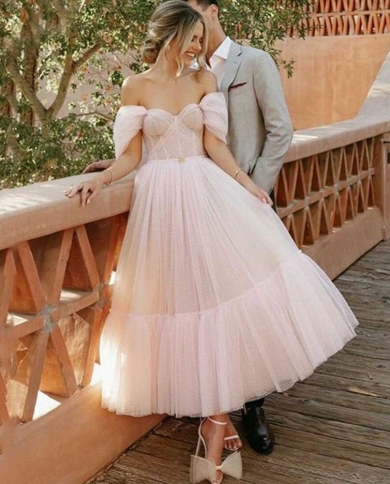 Pink Tulle Prom Dresses Sweetheart A Line Evening Dress Off Shoulder Backless Dot Ankle Length Formal Party Gowns Robe D Color Sky blue US Size Custom Size