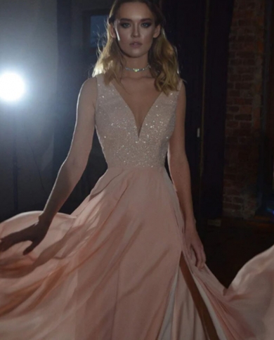 Chiffon V Neck Evening Dresses A Line Prom Dress New Elegant Sequined  Sleeveless Beadings For Celebrity Party Gowns Robe Color Beige US Size 24W