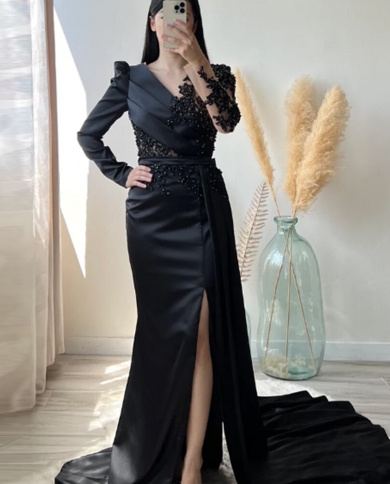 V-Neck Beaded Sleeve Long Black Party Dress V-Neck Beaded Sleeve Long Black Party Dress