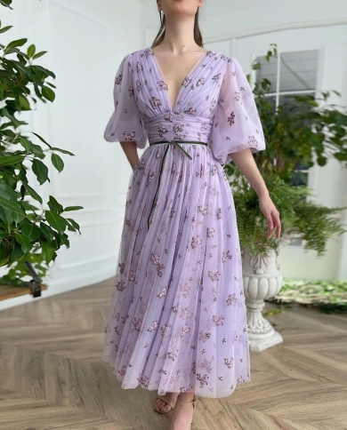 Purple Tulle Evening Dresses Deep V Neck A Line Party Dresses Appliques Half Sleeves Belt Formal Party Gowns Vestidos De Color Beige US Size 2 Purple Tulle Evening Dresses Deep V Neck A Line Party Dresses Appliques Half Sleeves Belt Formal Party Gowns Vestidos De Color Beige US Size 2