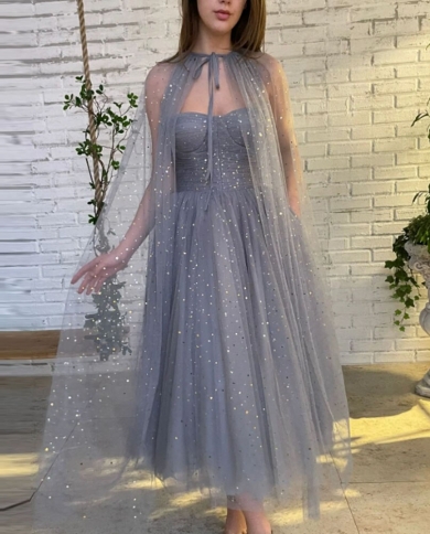 Grey Tulle 2023 Evening Dresses Sweetheart Prom Dress With Cape