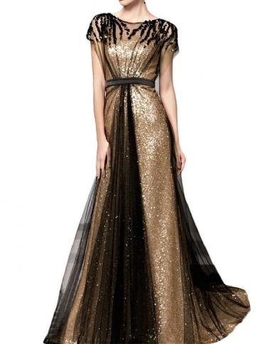 Gold Black Squin Long Evening Dress Gold Black Beads With Short Sleeves  Formal Party Prom Gown Robe De Soiree Evening Color Burgundy US Size 4