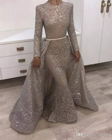 Muslim Evening Dresses Long Sparkle Glitter Sequined With Sleeves  Detachable Train Long Mermaid Prom Dress Formal Evenin Color Yellow US Size  2
