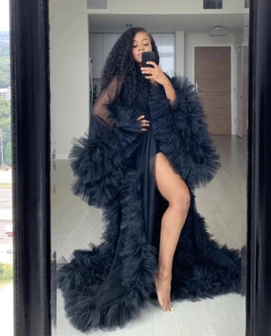 Chic See Thru Prom Dress Tulle Ruffles Black Long Evening Dress Kimono  Tiered Ruched Prom Gowns Puffy Sleeves African C Color champagne US Size  Custom Size