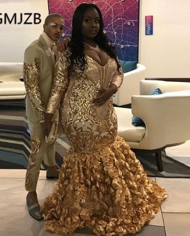 Gold Evening Dresses Mermaid V Neck Sequined Long Sleeve Black Girl African  Formal Prom Party Dress Vestidos De Galaev Color Beige US Size 18W