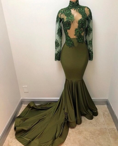 Long Sleeve Mermaid Evening Dress High Neck Crystal Green Arabic Dubai  Woman Formal Party Gown Prom Dress Abendkleider US Size 6 Color As Picture