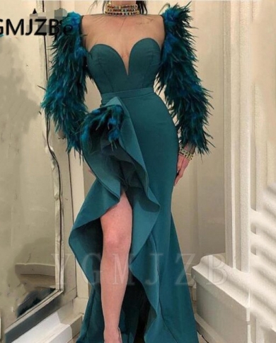 Green Mermaid Evening Dress V Neck Feather Long Sleeves High Split Dubai  Saudi Arabic Formal Dress Party Prom Gowneven Color Purple US Size 4