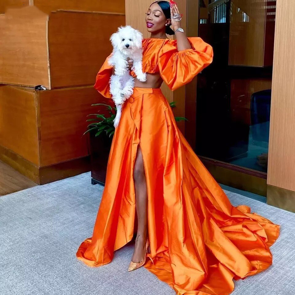 Orange two piece prom dress best sale