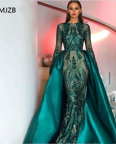 Green Muslim Evening Dress Long Sleeves Mermaid Sequin Bling Saudi Arabic  Formal Party Dress Prom Gown Robe De Soiree Color Black US Size 6