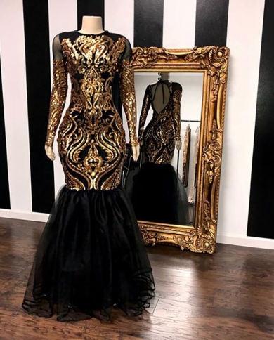 Backless Gold Sequined Black Girl Prom Dresses 2023 Mermaid O Neck Long  Sleeve African Women Formal Party Evening Gowns Color champagne US Size 8