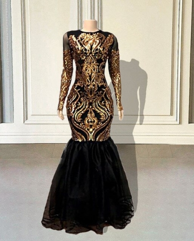 Backless Gold Sequined Black Girl Prom Dresses 2023 Mermaid O Neck Long  Sleeve African Women Formal Party Evening Gowns Color champagne US Size 8