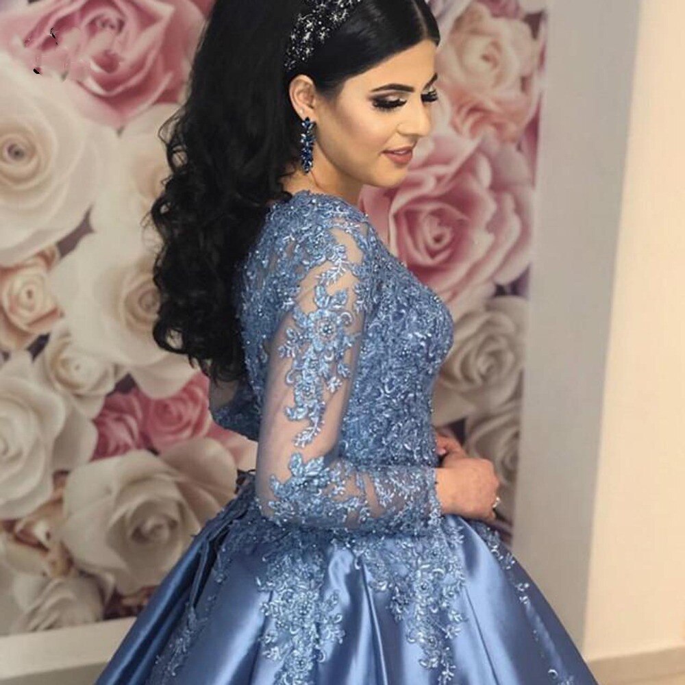 Vintage Blue Muslim Prom Dresses Lace Beads With Full Sleeves Puffy Ball Gown For Wedding Saudi Arabic Long Formal Eveni Color Navy blue US Size 14 Vintage Blue Muslim Prom Dresses Lace Beads With Full Sleeves Puffy Ball Gown For Wedding Saudi Arabic Long Formal Eveni Color Navy blue US Size 14