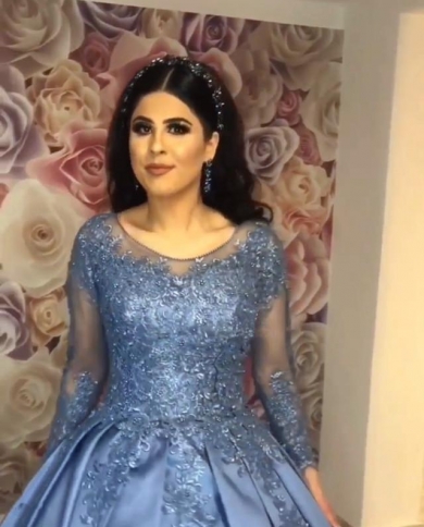 Vintage Blue Muslim Prom Dresses Lace Beads With Full Sleeves Puffy Ball  Gown For Wedding Saudi Arabic Long Formal Eveni Color Navy blue US Size 14