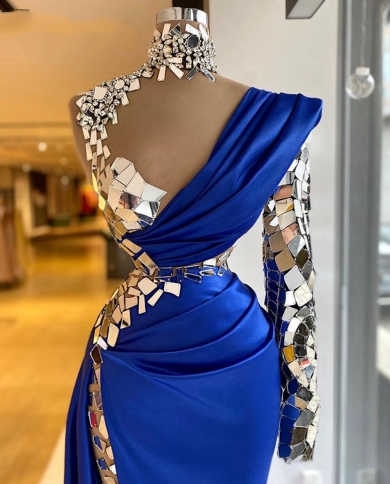 Single Long Sleeve Evening Dresses Sparkly Crystals High Neck Royal Blue  Side Slit Formal Party Gowns Evening Dresses Color Beige US Size 4