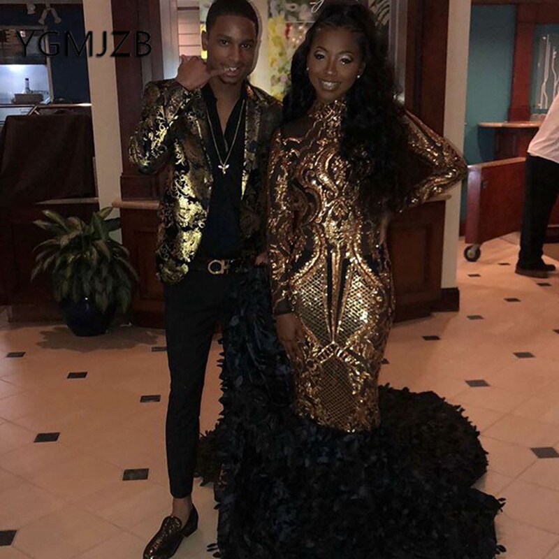 Gold Sequin Mermaid Evening Dresses 2023 Prom For Black Girl High Collar  Long Sleeve Flowers African Formal Party Gown Color Silver US Size 4