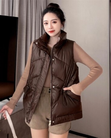 2023 New Womens Winter Jacket Short Puffer Vest Solid Style Sleeveless  Thick Jacket Female Cotton Padded Casual Outwea size M Color Brown