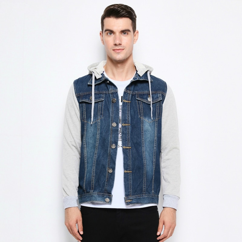 Denim Jacket Men Hooded Jeans Jackets Mens Fashion Patchwork