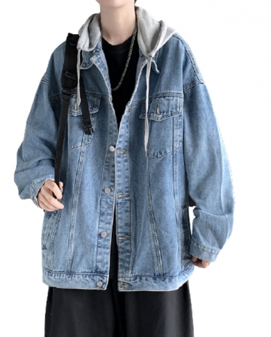 Men Denim Jacket Streetwear Hip Hop Hooded Casual Loose Outerwear
