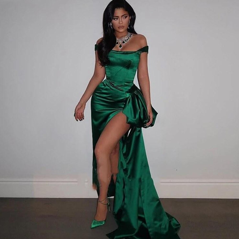 Satin Off Shoulder Green Evening Dresses V Neck Prom Dress Mermaid Side  Slit Floor Length Wedding Guest Gowns Robe Soir US Size 6 Color Ivory