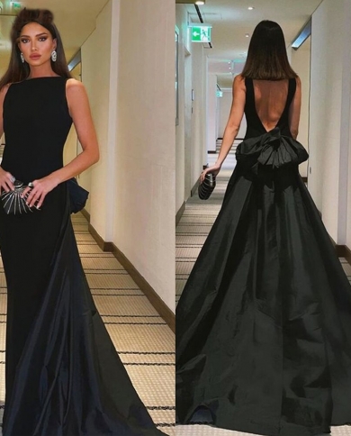 Elegant Black Satin Evening Dress Sleeveless Backless Bow Long Pageant  Gowns Women Simple Formal Party Dresses