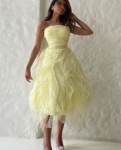 yellow tulle prom dresses tea length evening dresses a line strapless elegant for women graduation party gowns فسات�