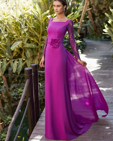 purple mermaid prom dresses square collar evening dresses floor length jersey long sleeves wedding party gowns فسات�