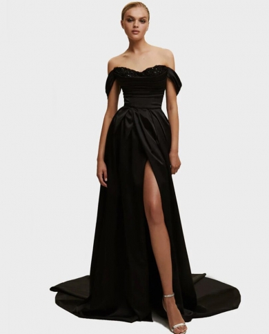 black satin prom dresses a line  evening dresses off shoulder beaded elegant for women wedding guest party gowns ف�